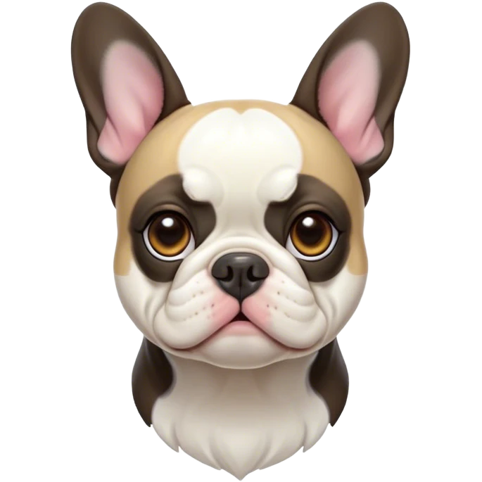 Cinematic Noble Pied French Bulldog Portrait Emoji, Radiating regal yet playful charm, with a distinctive pied fur of contrasting hues and a sculpted, expressive face featuring gentle, wise eyes and a confident stance, simplified yet artistically detailed, glowing with a soft, sophisticated radiance, high shine, exuding intelligent nobility and refined flair, soft glowing outline, capturing the essence of a noble Pied French Bulldog that embodies both strength and grace! emoji