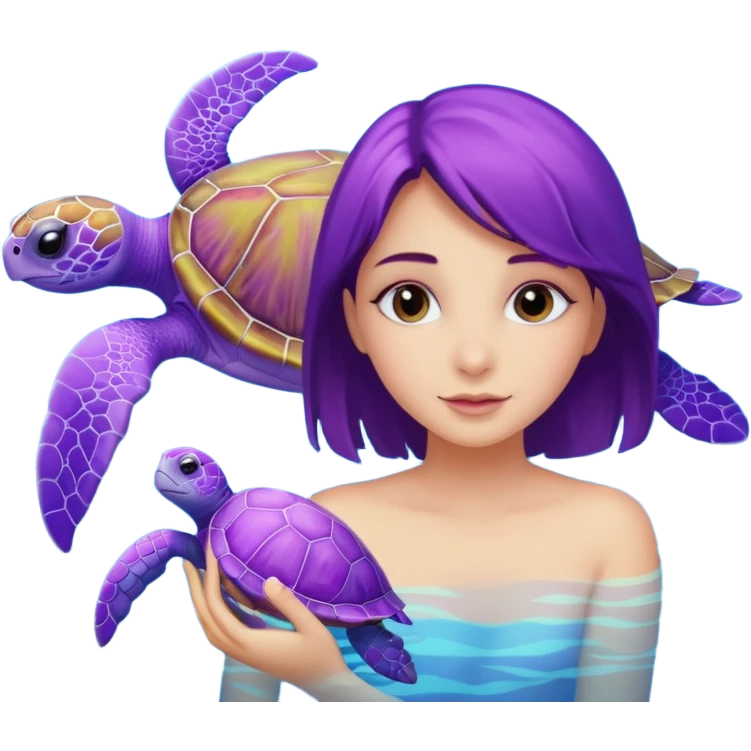 A girl with a purple Sea turtle in the ocean emoji