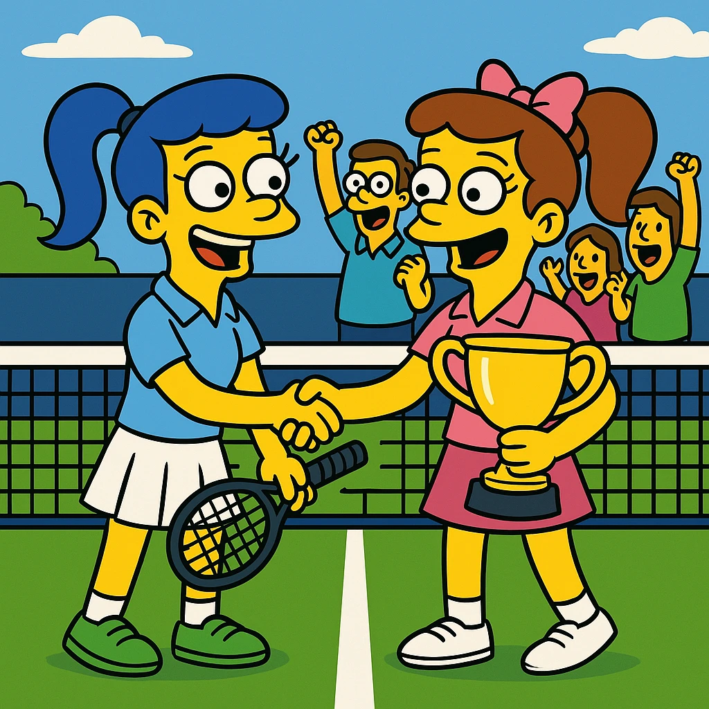  2 female tennis players standing on closed tennis courte. Congratulating each other shaking hands and smiling, one of them is holding a cup for winning. At the background the spectators cheering emoji