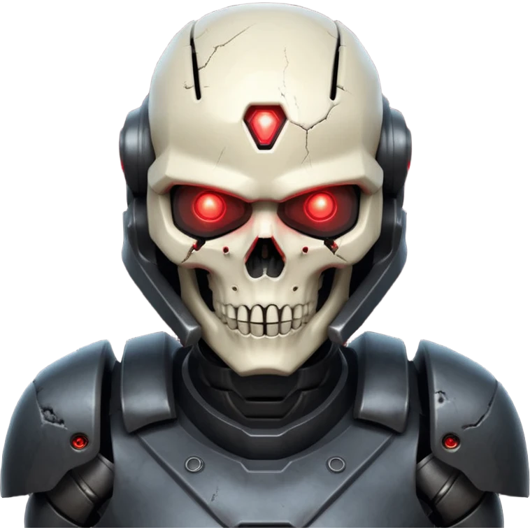 futuristic war robot portrait, head and shoulders only, skull-inspired helmet, glowing red eyes, cracked metal face, dark armor collar, battle scars, dramatic lighting, 3D cartoon, mobile game icon style, clean background, no text, no watermark
 emoji