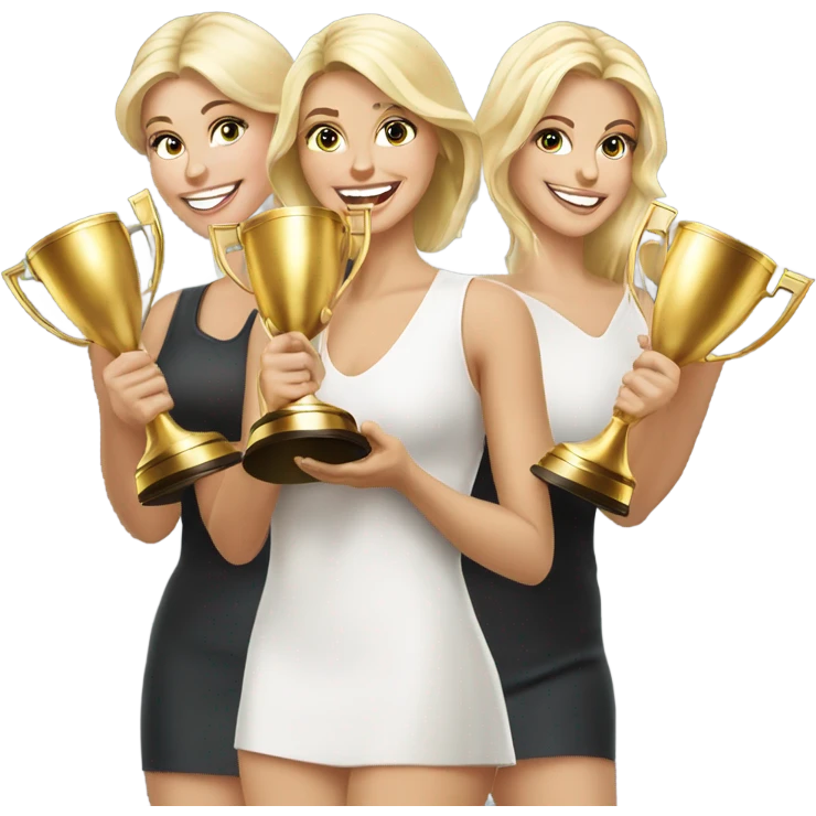 Six beautiful blonde women celebrating with huge golden trophy emoji