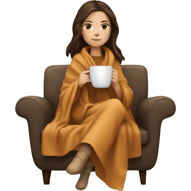Brunette white girl covered in blanket autumn vibe sitting on a cozy chair holding coffee emoji