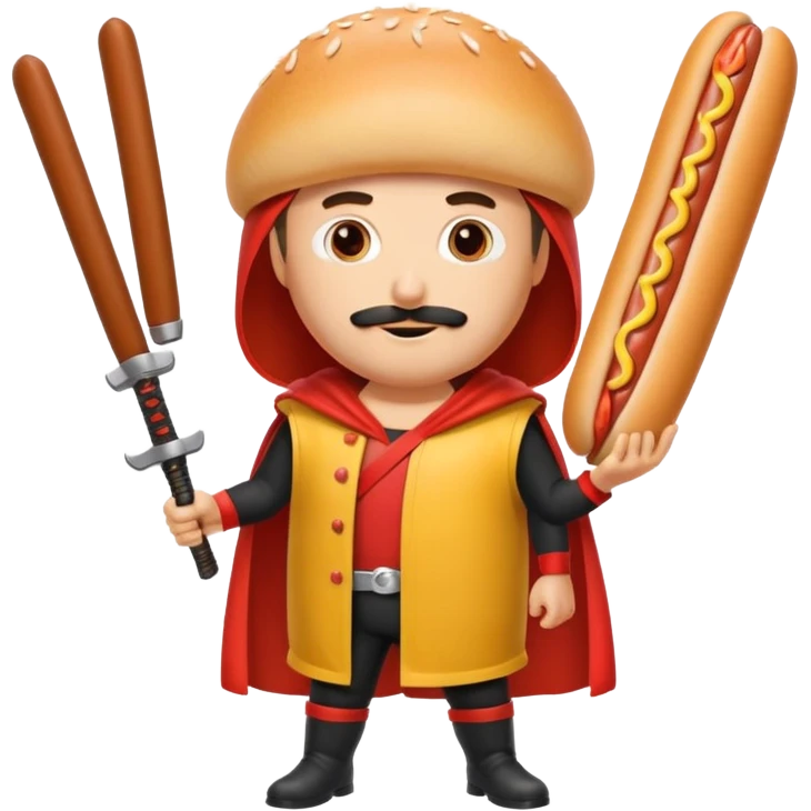 Middle aged attractive man wearing a hot dog costume wielding a katana emoji