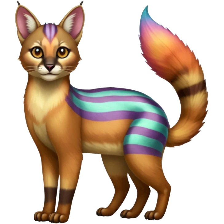 Colorful shiny striped tropical glorious iridescent divine exotic cute cool beautiful realistic caracal-civet-genet-sergal-vernid-Cacomistle-Trico-oncilla-animal-Fakémon-hybrid-fursona (full body) emoji