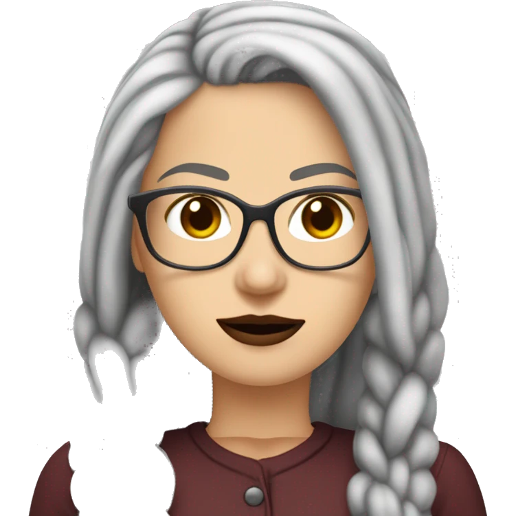 Attractive Caucasian woman with long straight grey hair worn in a braid, she has brown eyes, and is wearing wire frame glasses with dark red lipstick, she has a slightly  chubby face emoji