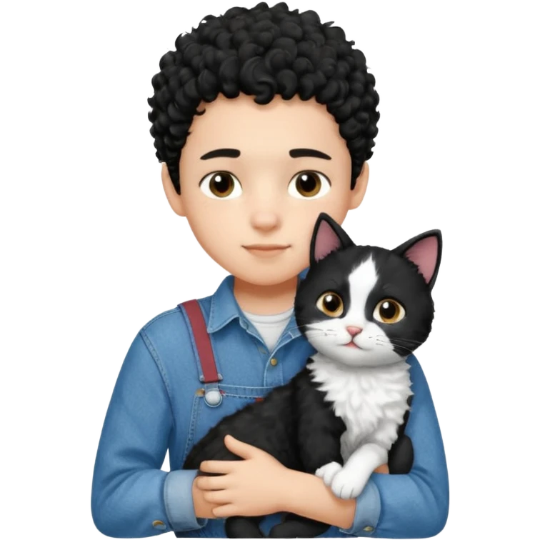 Apple emoji of a 13-year-old boy with short black curly hair, light skin, dark brown eyes, wearing a denim shirt and overalls, hugging a black and white cat. emoji