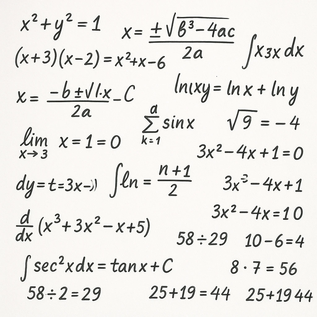 handwritten mathematical calculations including expressions, formulas, and numbers isolated on a white background, hyperrealistic 3D render style, sharp details, neutral lighting emoji