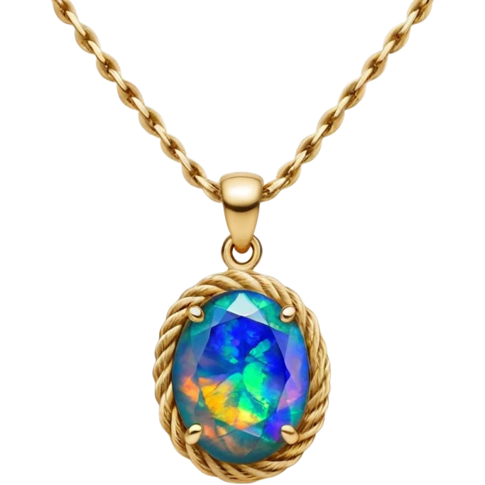 Hyperrealism, 4d rendering isolated gorgeous black opal gemstone 14k sparkling Gold rope chain necklace  emoji