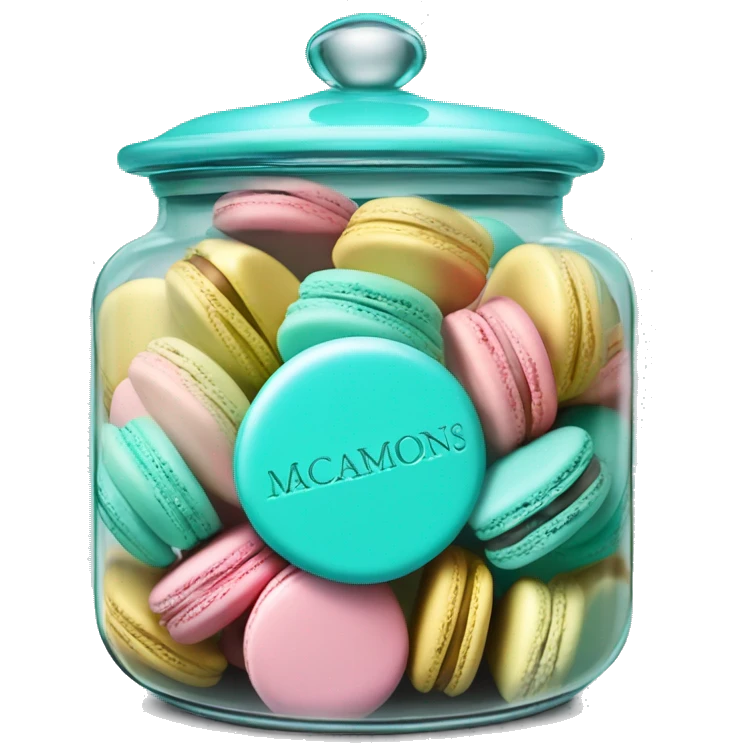Realistic isolated glass cookie jar with tiffany blue lid and filled with colorful macarons inside of it. emoji