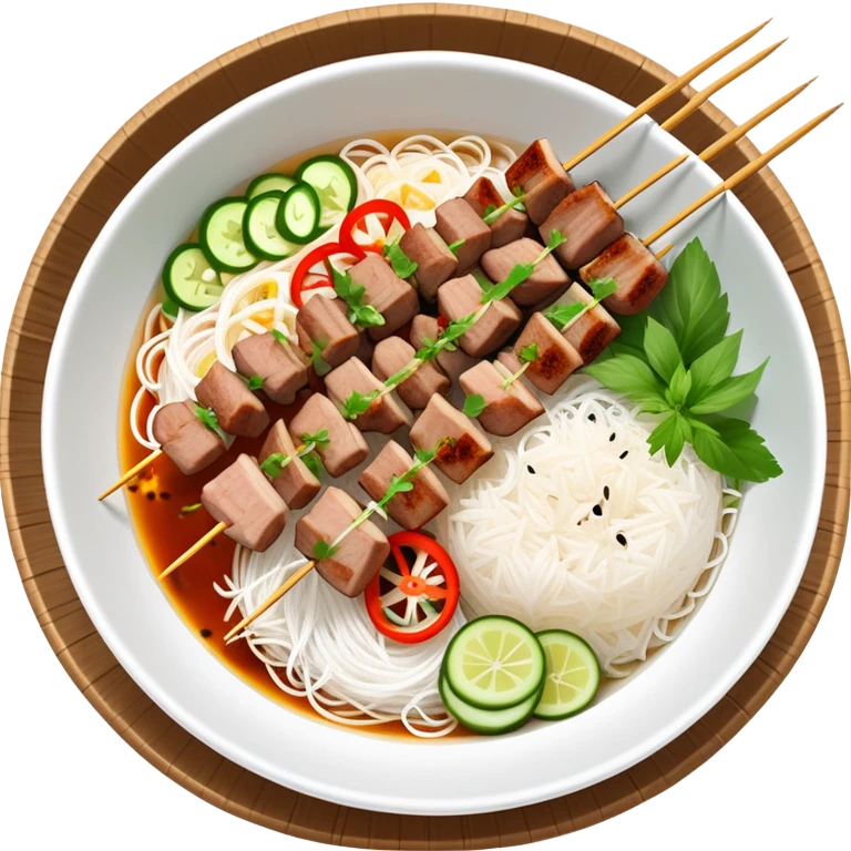 Vietnamese Bún Thịt Nướng with meat specifically grilled on skewers, alongside a bowl of rice vermicelli noodles, herbs and vegetables emoji