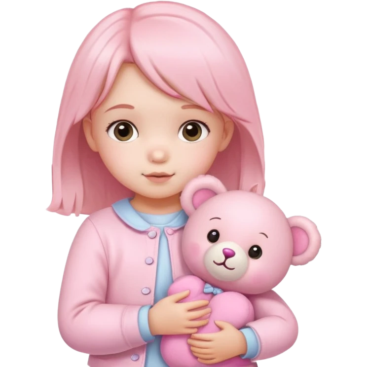 cute toddler girl with pastel pink clothes holding a pink teddy bear emoji