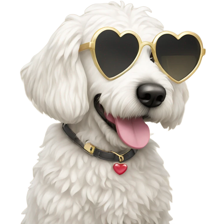 White golden doodle with heart glasses emoji