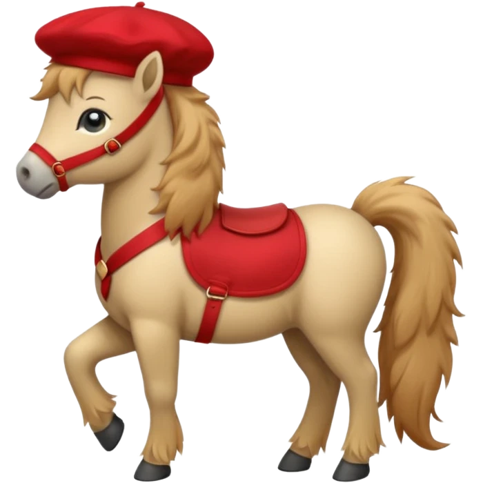 A cute pony (horse) emoji, full body, standing in side view, wearing a stylish red beret. emoji