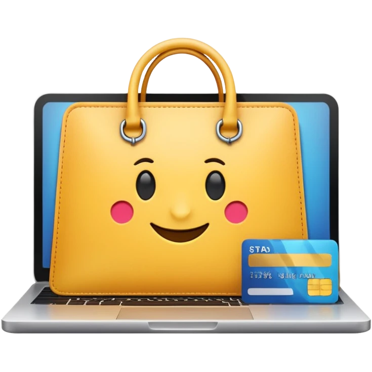 laptop with credit card and shopping bag, e-commerce, high fidelity, smooth edges, emoji style emoji