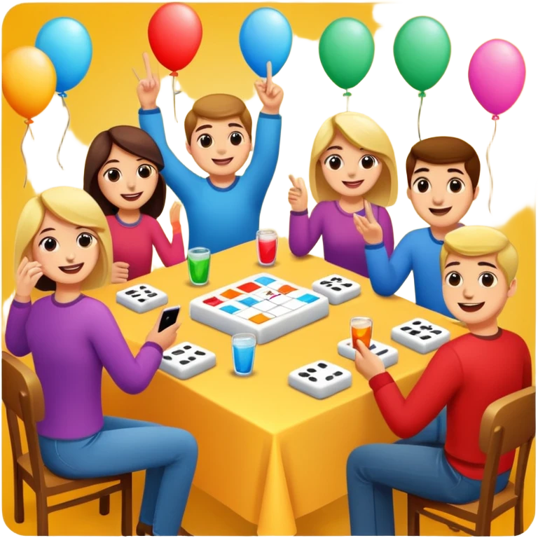 Party quiz with happy people no phone writing blocks emoji