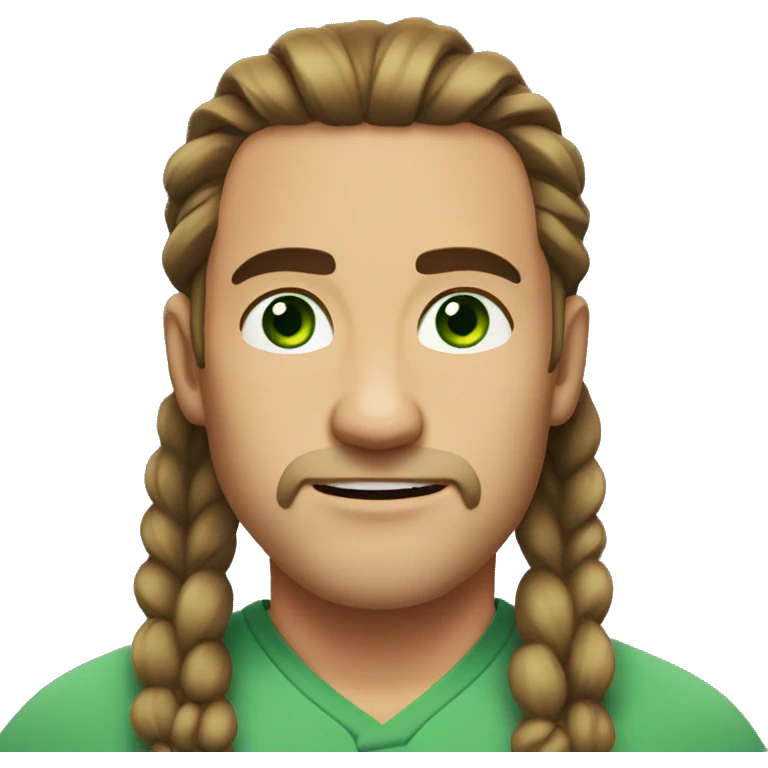 a man with long hair in a ponytail and parted in the middle, no beard, dark brown eyebrows, green eyes emoji
