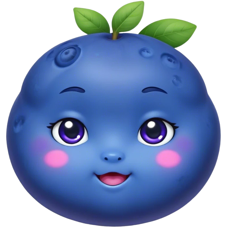 Cute Kawaii Blueberry, small and chubby, deep blue-purple with a tiny leafy crown, bright sparkling eyes, a soft round body, cute blushing cheeks, full of berry sweetness! emoji