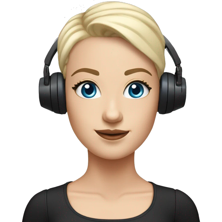 Buzz cut white girl, blue eyes, all black outfit, drone headset placed on TOP of head emoji