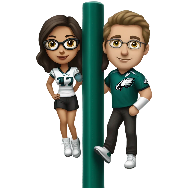 Dark brown hair female with glasses and white male with light brown hair who are both eagles fan climbing up a pole emoji