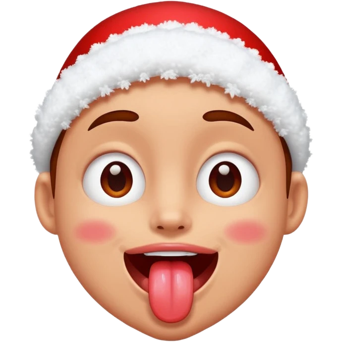 Someone got hit with a snowball and has snow on their face but is happy and smiling with their tongue out but their eyes are red emoji