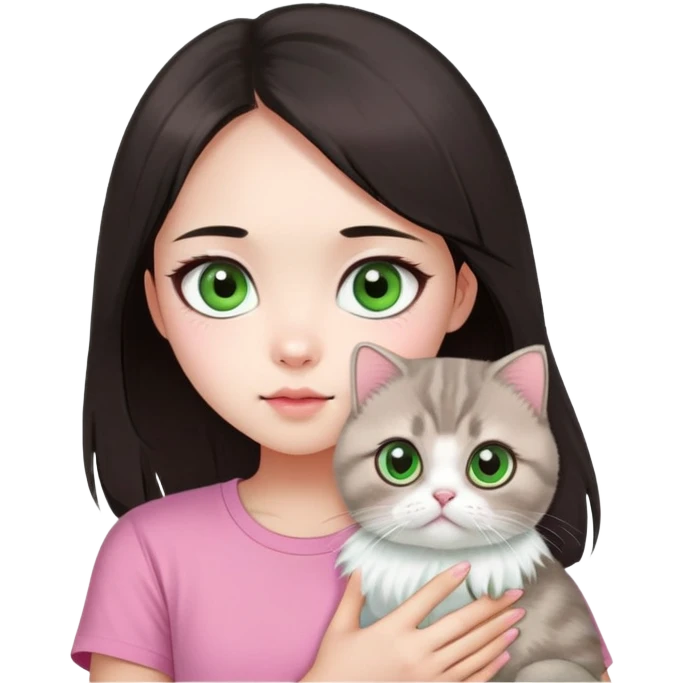 This Chinese girl's got fair skin and big black eyes. She's got long dark brown hair and she's wearing a pink t-shirt. She's holding a Scottish Fold cat. The cat's got light green eyeballs and white fur. emoji