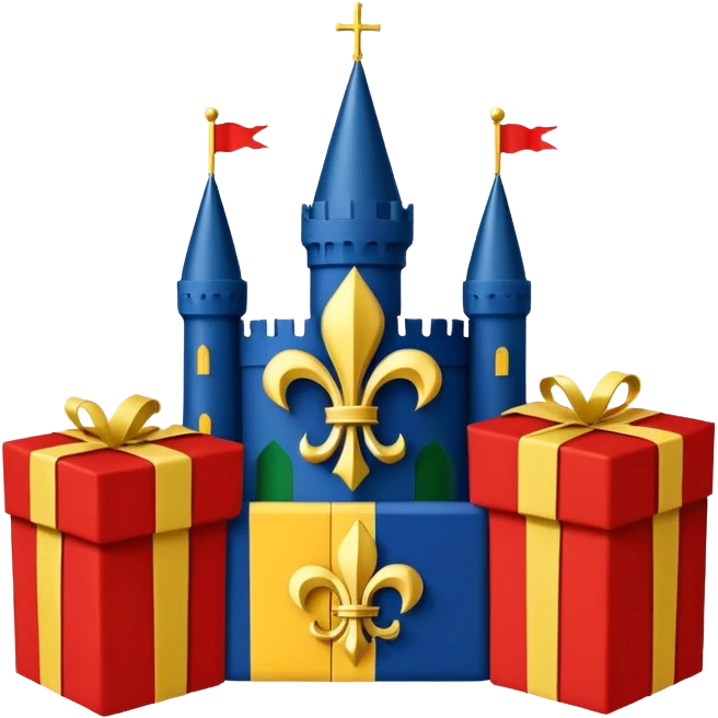  flag with 4 boxes: gold fleur-de-lis on deep blue/black; green, yellow, red stripes in upper right and lower left with green star in upper right; yellow castle on red in lower right. Flat vector, clean, high contrast, clear at small size. emoji