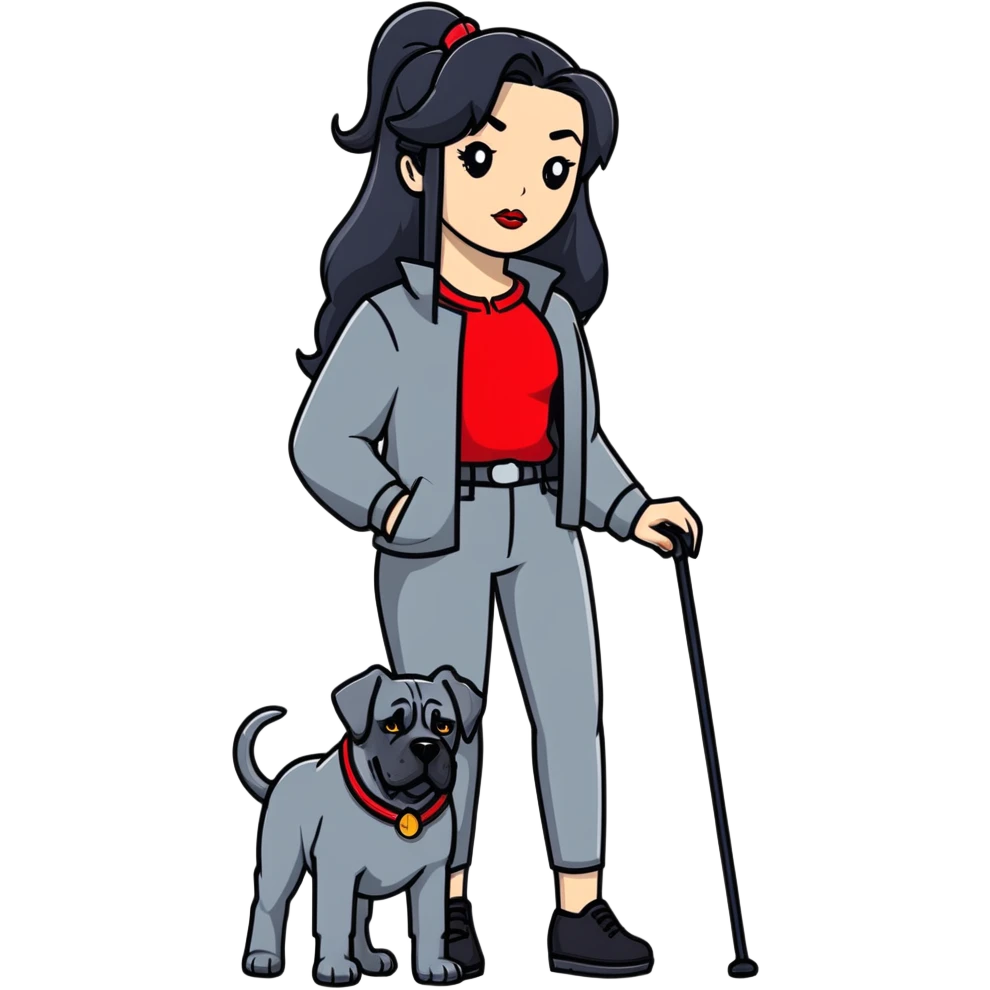 woman with long black hair and red lips next to a black Cane Corso dog with cropped ears and short tail emoji