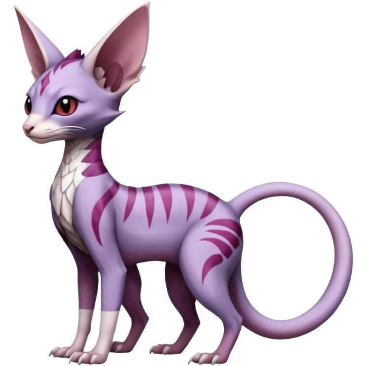scaly, Purple, white, black, Minccino-Sphynx-Lykoi-Linoone-Zangoose-fusion-hybrid-animal-Fakémon-creature, full body, thin long sleek scaly tail, intricate markings emoji