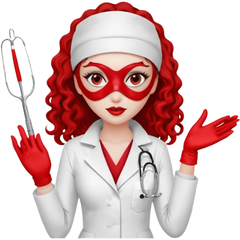 


Scary woman scalpel in hand, evil surgeon sexy surgeon clothes.  She has redcolored  eyes. Her  hair only is free ne brown long curly hair. Wears sexy doctor outfit with red gloves. make her wear red ski mask and nose mask  to hide. Wears white surgeon coat, wears  stilettos emoji