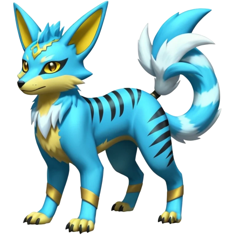 Shiny cyan Zeraora-Renamon-Electrike-Umbreon-Lombax-Weregarurumon-fusion-creature (full body emoji