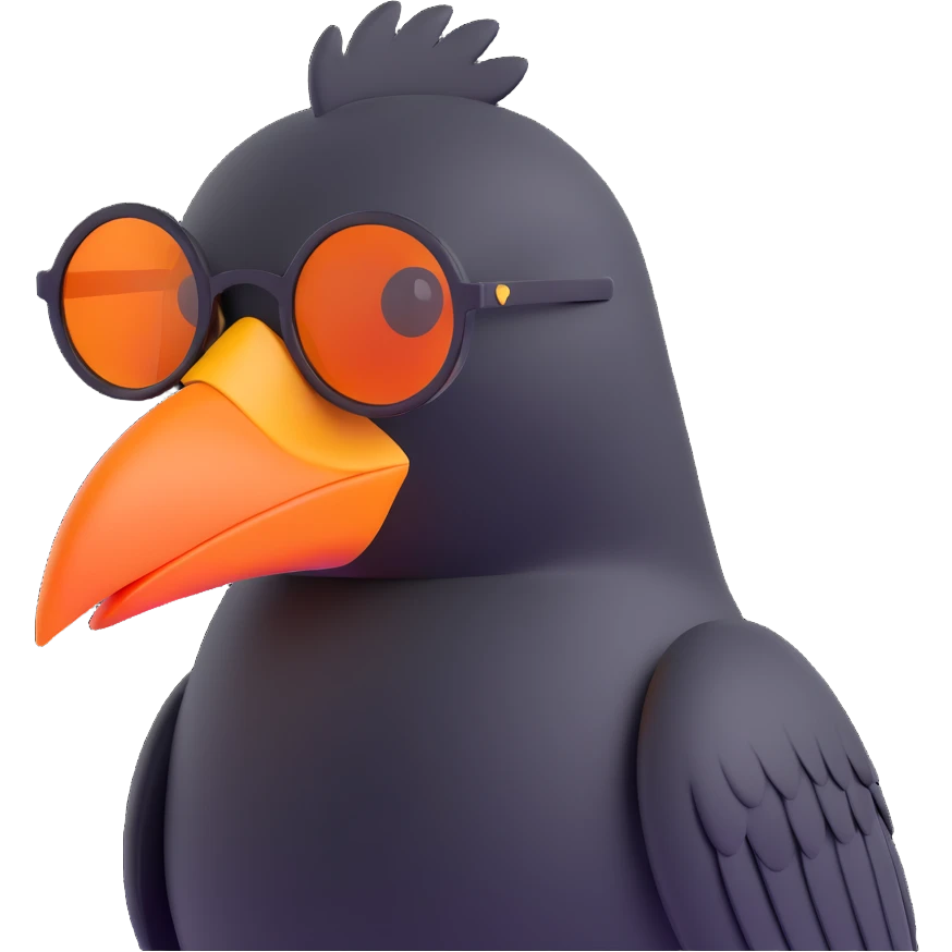 cartoonish 3D emoji of a black bird with a large orange beak and oversized round sunglasses, standing in the same pose as the reference image, looking to the right emoji