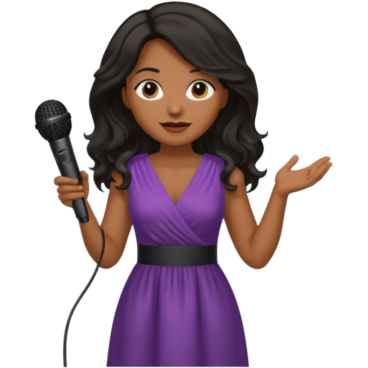 Middle age, long wavy black hair, brown skin, wearing dress, holding mic emoji