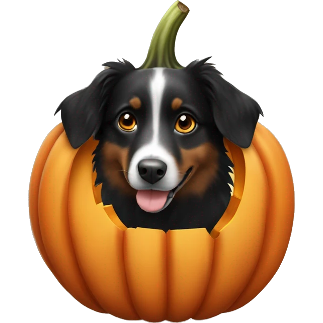 Small black australian shepherd dog in a pumpkin emoji