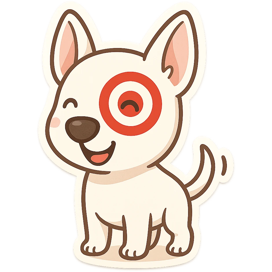 cute cartoon of Target store bullseye dog, standing, wagging tail, red bullseye on right eye, happy expression, chibi stickers style emoji