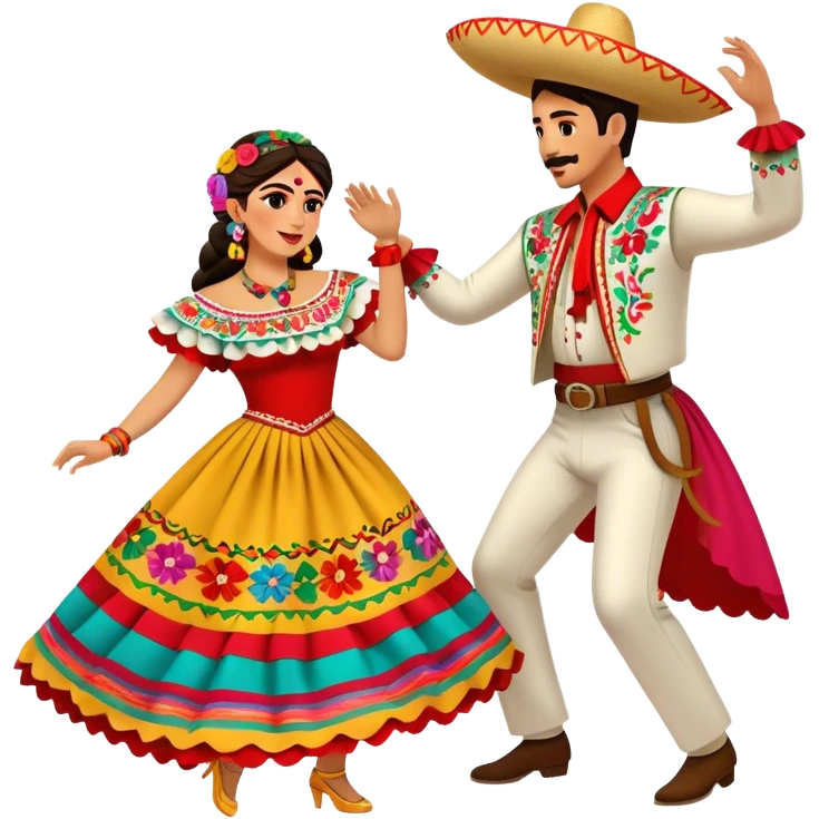 Cinematic Realistic scene of two performers dancing the Jarabe Tapatío, dressed in colorful traditional Mexican costumes with intricate embroidery, captured in energetic, festive motion with vibrant, celebratory lighting emoji