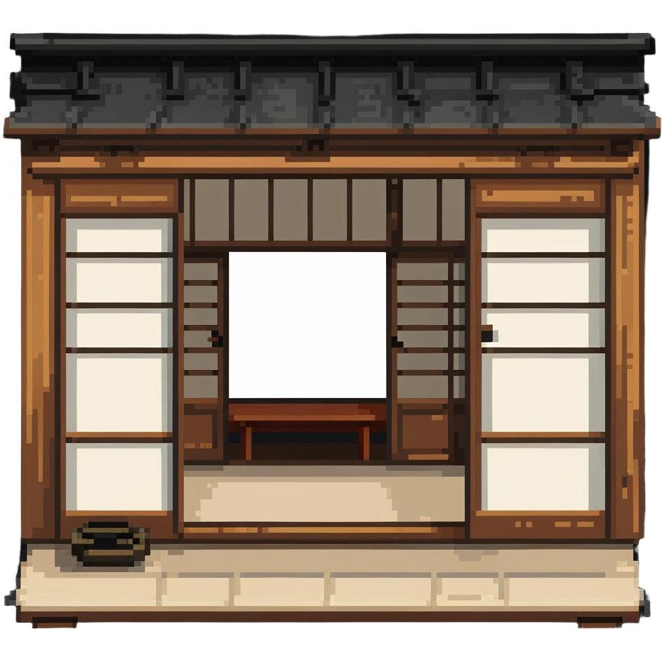 Traditional Japanese house with wooden structure, sliding doors, tatami floor emoji