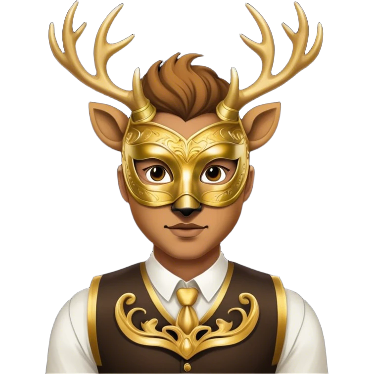 a man, with a vest,  wear half-face golden Deer masquerade mask emoji