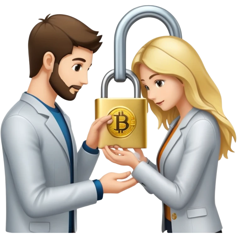 Two people exchanging cryptocurrency with a secure lock in the middle representing escrow emoji