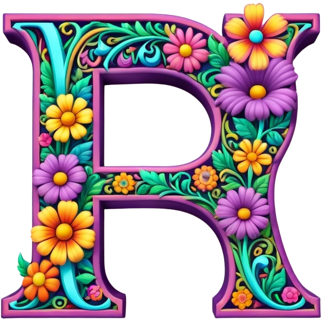 3D, gothic style psychedelic colored capital Letter P with hippie style flower border emoji