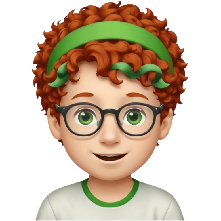 redhead kid with unique face features and very curly hair kid boy happy and big glassess and big nose and very green eyes and headband emoji