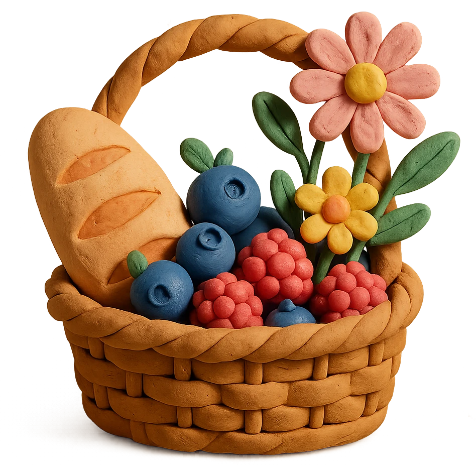 picnic basket with berries, bread, and flowers in warm pastel shades, claymation style emoji