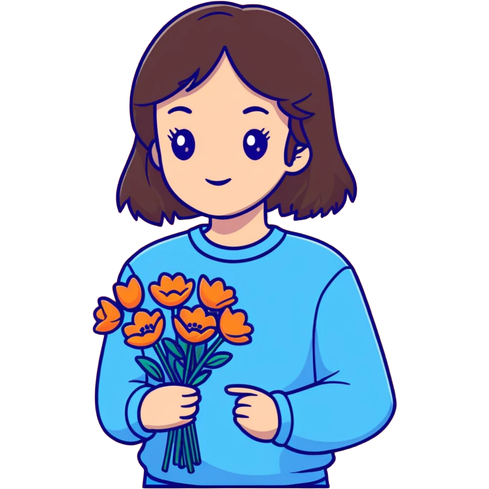 brunette girl with brown hair wearing pastel blue clothes holding flowers emoji
