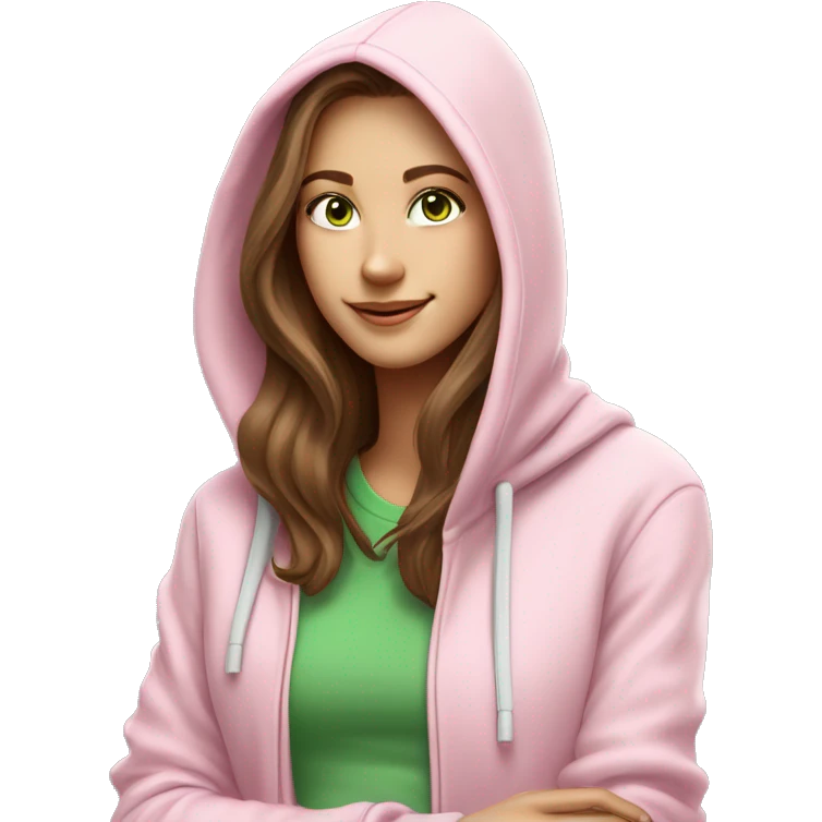 a girl with brown long hair, fair skin, green eyes, works relaxed and smiling at a modern laptop in a monochrome pale pink zip hoodie with a hood and a pink monochrome T-shirt emoji