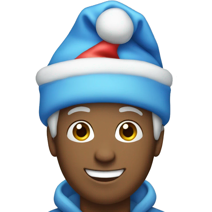 Person wearing a blue santa hat and smiling with a bag of gifts emoji