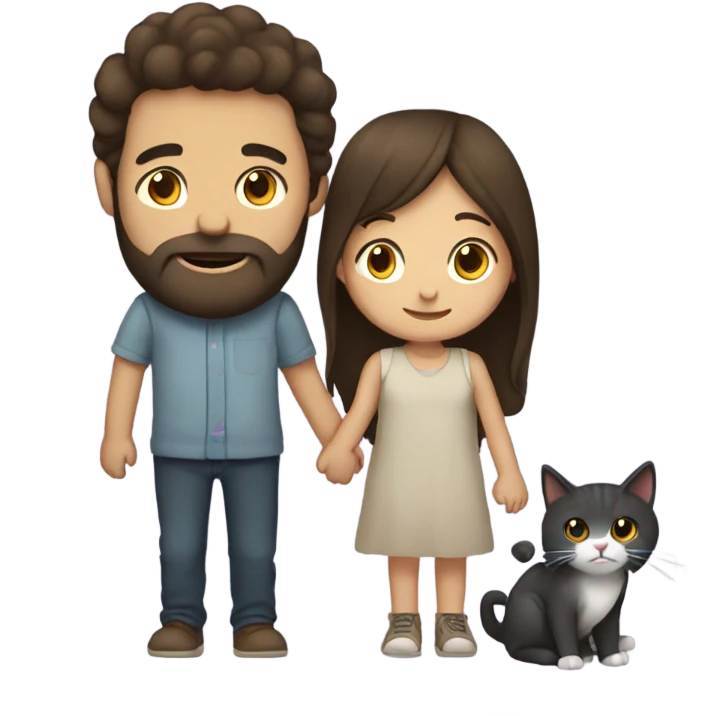 Brunette girl and boy with beard holding hands with a cat emoji