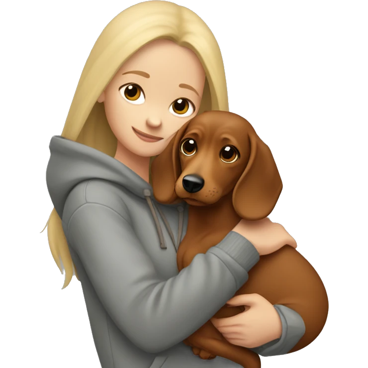 long blonde hair girl dressed in grey hoodie holds and hugs a brown dachschund  emoji