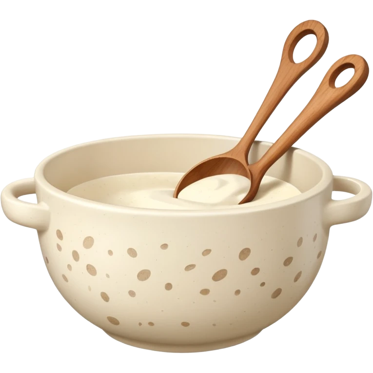a cream ceramic mixing bowl with a wooden spoon stirring emoji