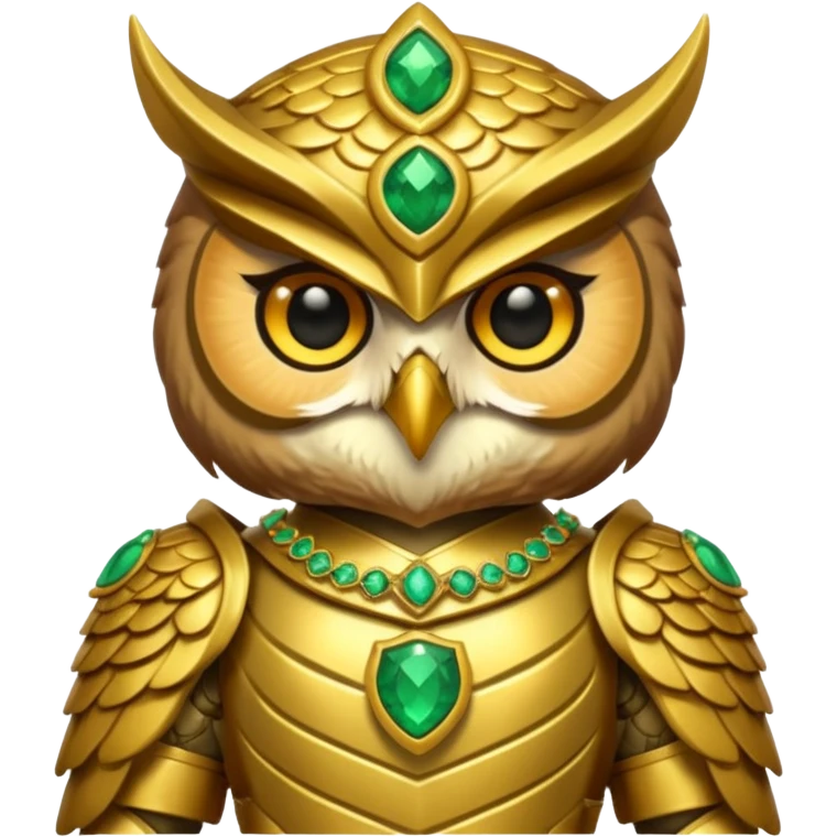 owl warrior wearing golden armor embedded with emerald jewels emoji