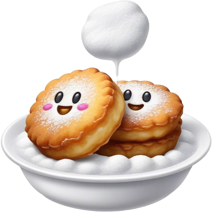 Buñuelo Cinematic Realistic Buñuelo Dessert Emoji, depicted as perfectly round, fluffy fritters served in a small bowl with a dusting of powdered sugar, rendered with vibrant textures and warm, inviting lighting. emoji