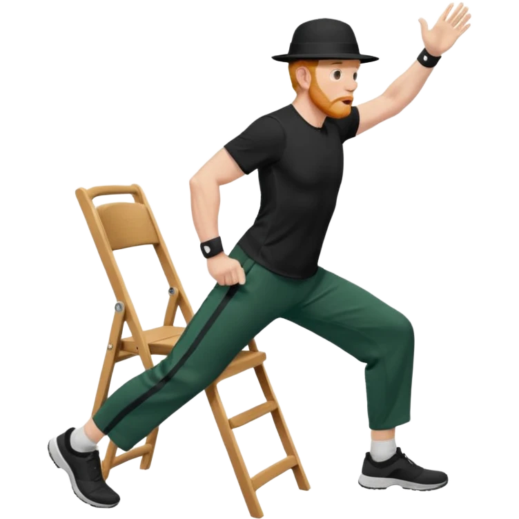 גבר זקן ג'ינג'י מלא כובע שחור הפוך חולמה שחורה ומכנסיים ירוקות ארוכות מבצע תרגיל לאנג' בתמיכת כיסא מהצד שתי רגליים על הרצפה מח^זיק כיסא בידו  תמיכה קלה ידו על משענת הכיסא emoji